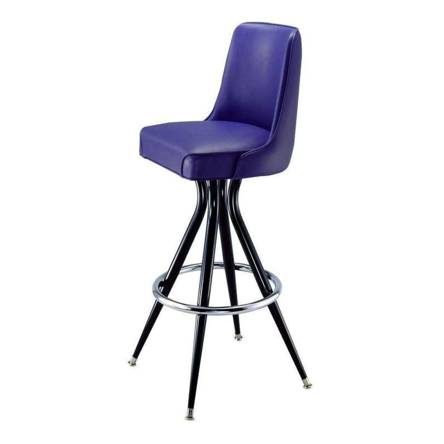 Bucket barstool with upholstered seat, metal frame, and chrome footrest