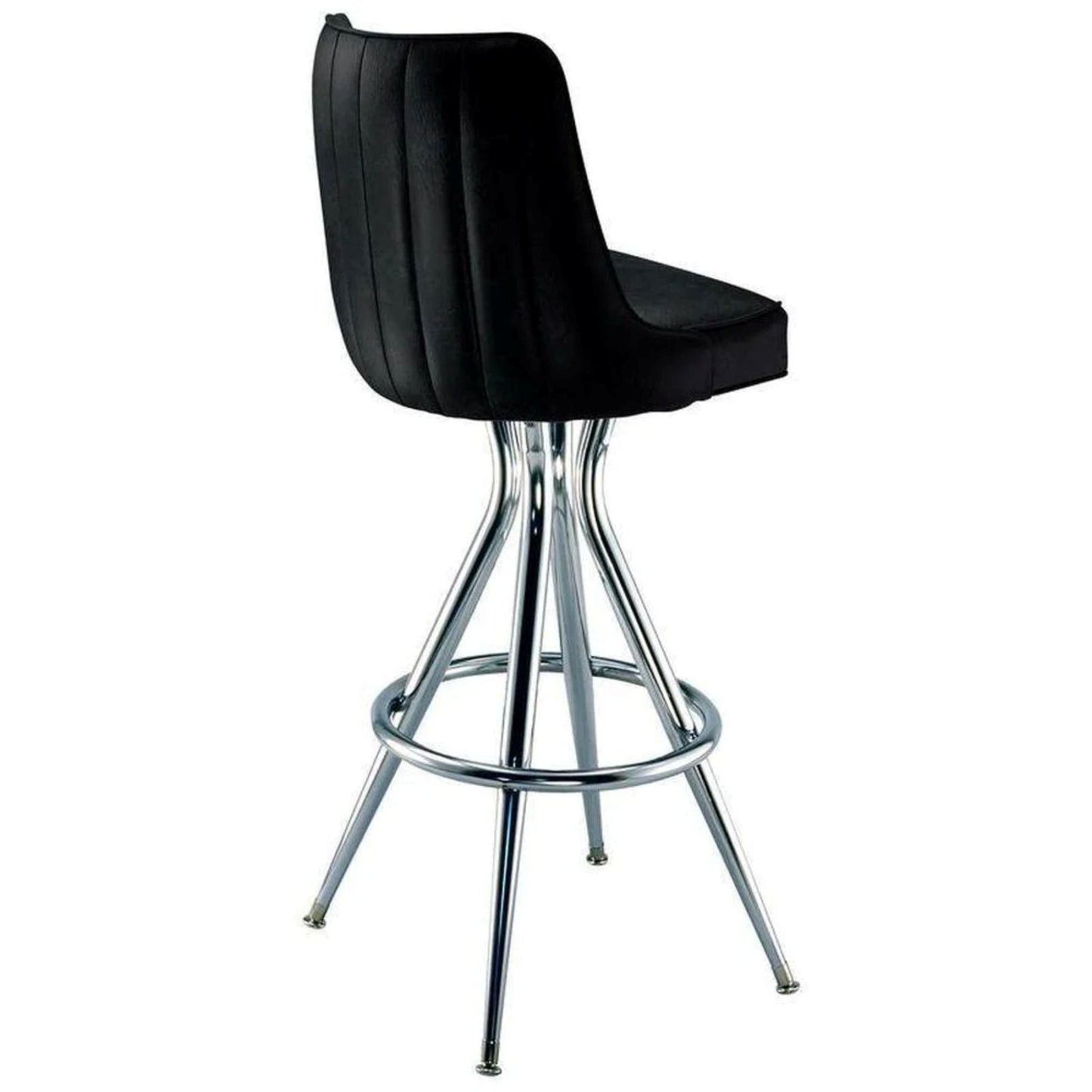 Upholstered vinyl bucket bar lounger with 360-degree swivel and welded steel pyramid base