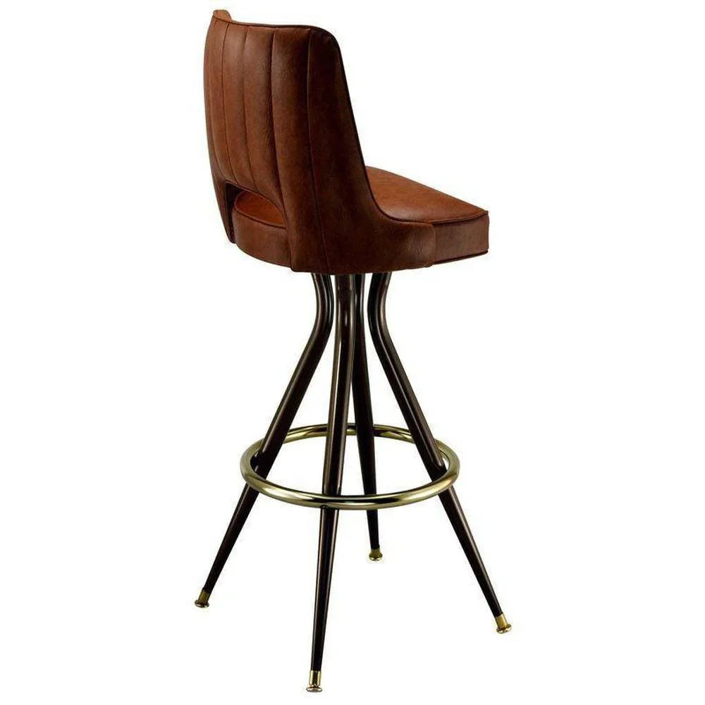 bar lounger with upholstered vinyl bucket seat, cutout back, and steel pyramid base with footrest