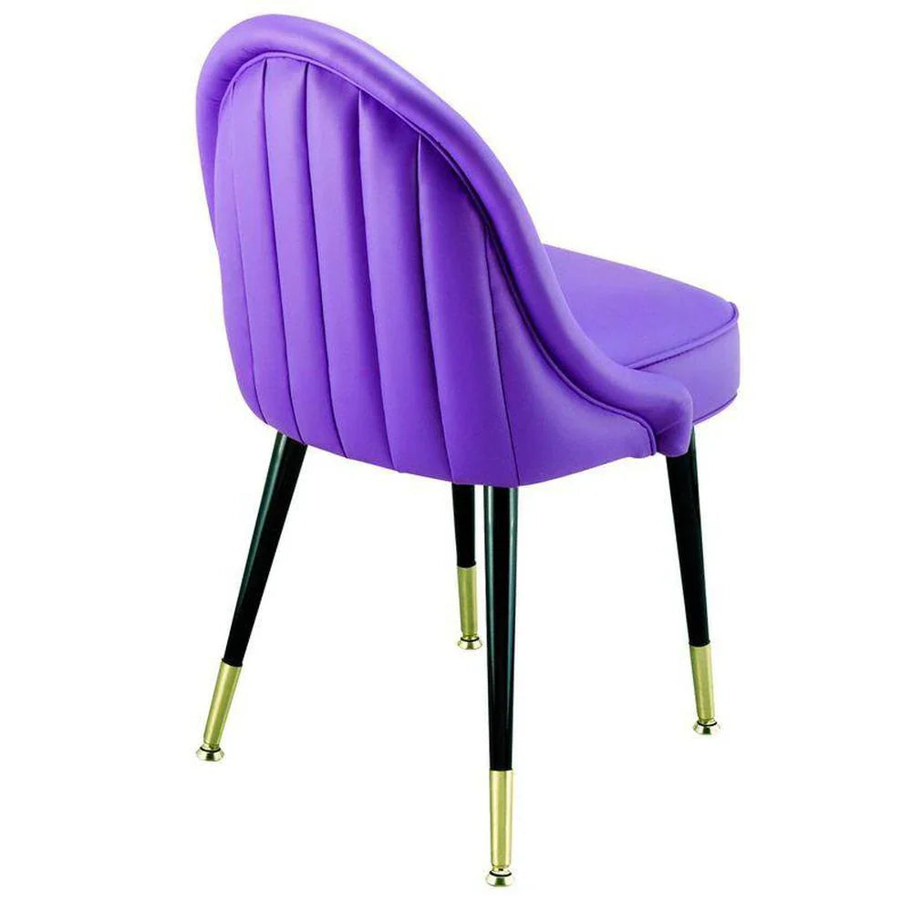 Bucket seat dining chair with vertical channeled back, waterfall box seat, and brass ferrules on a welded steel frame.