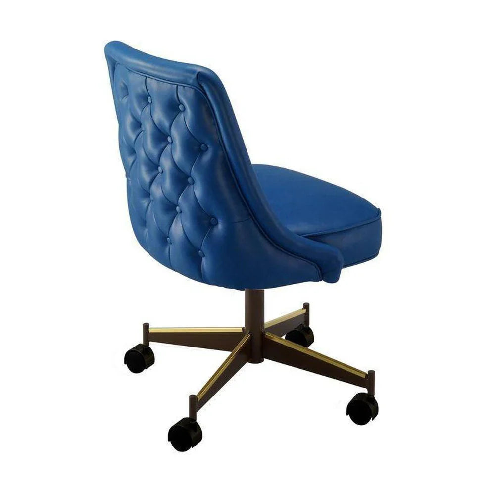Diamond tufted swivel club chair with rolled back edges, bucket seat, and a five-spoke pedestal base with casters.