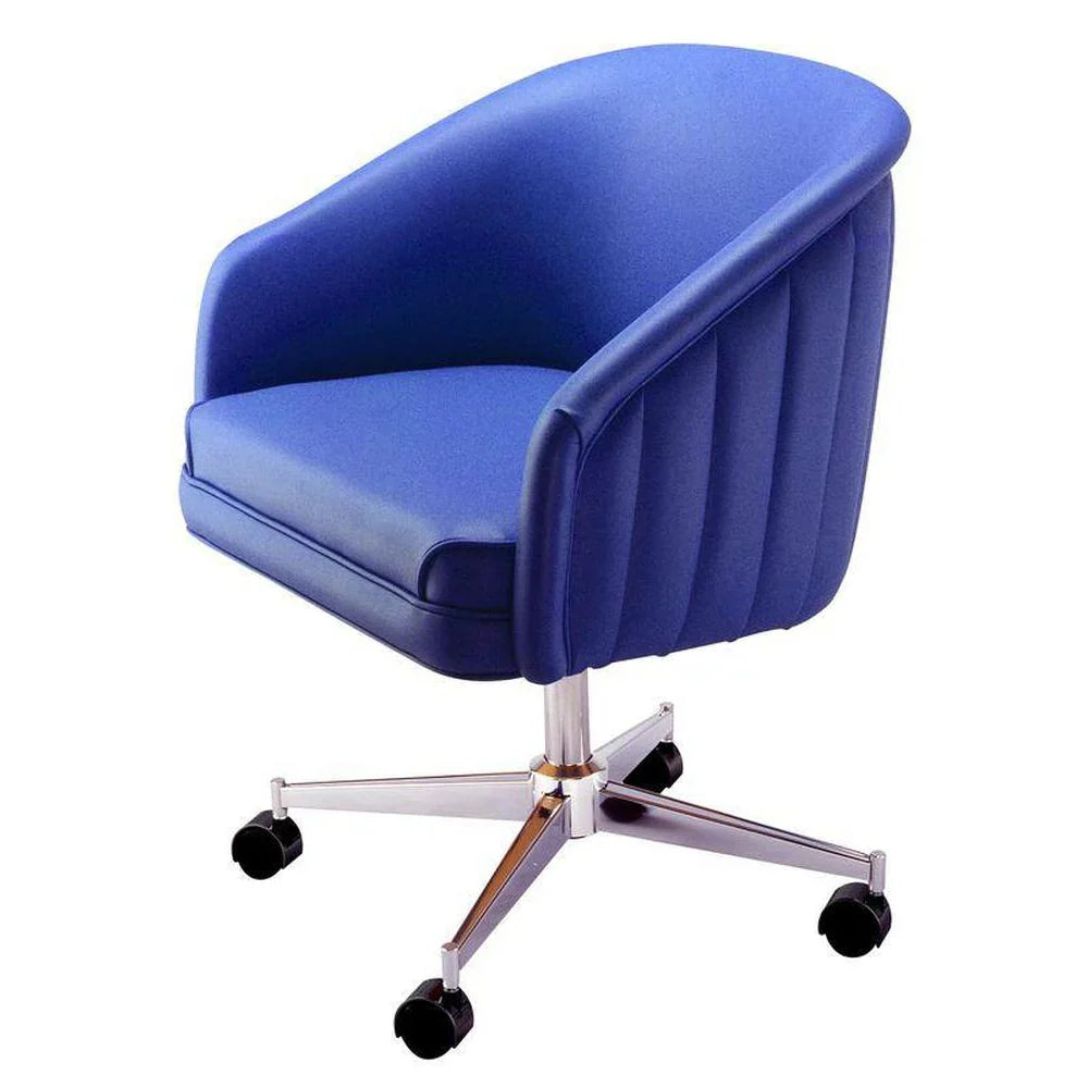 Swivel club chair with vertical channeled back, fully extended arms, and a five-spoke pedestal base with twin-wheel casters.