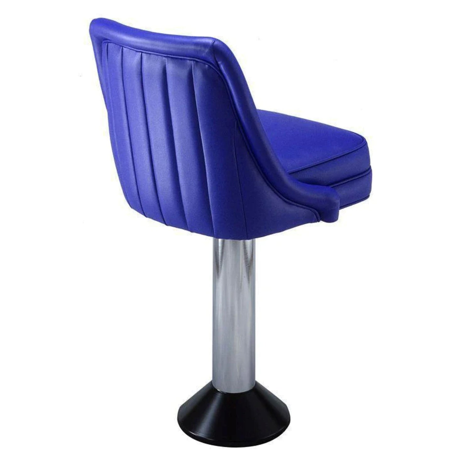 Floor-mounted counter stool with vertical-channeled backrest and padded swivel bucket seat on a cast iron base.
