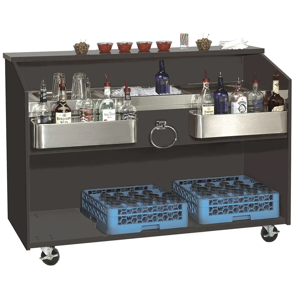 60-inch stainless steel portable bar with black exterior, speed rails, and built-in ice bin.