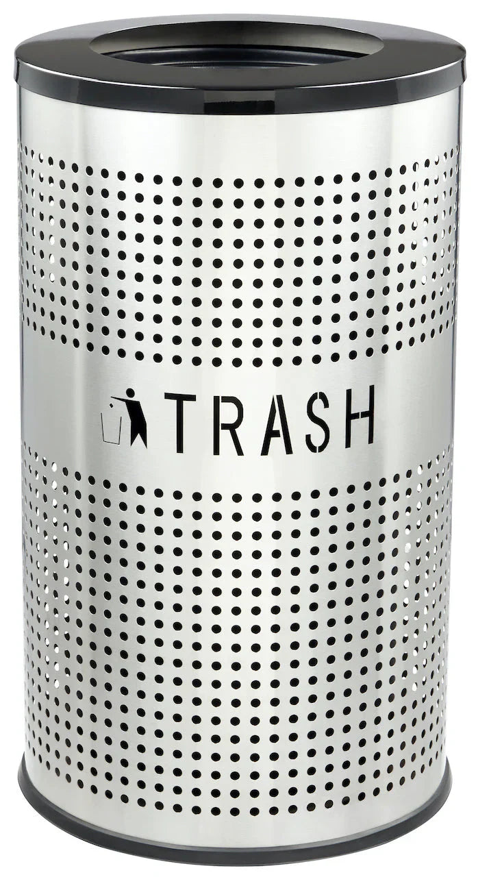 26-gallon stainless steel commercial trash can with cylindrical body, open-top design, and brushed metal finish.