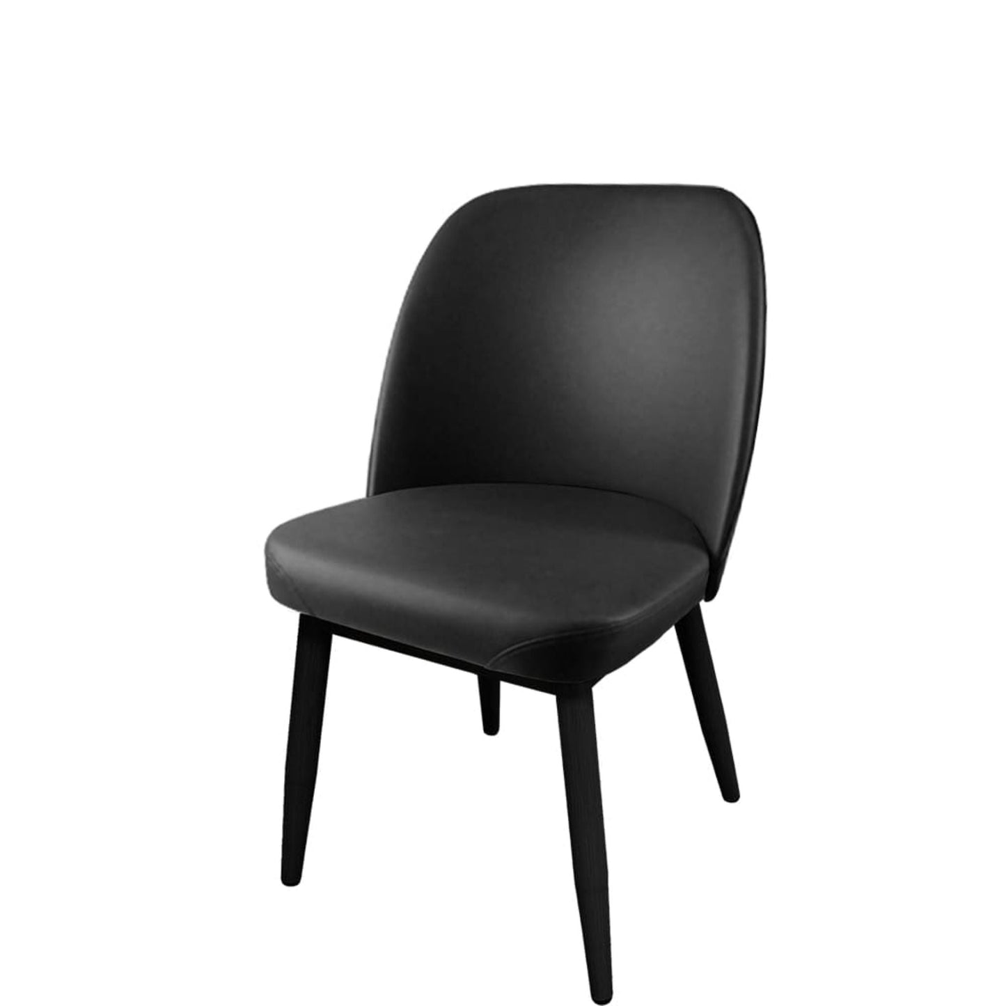 Amata chair with faux black woodgrain metal frame and black vinyl bucket seat.
