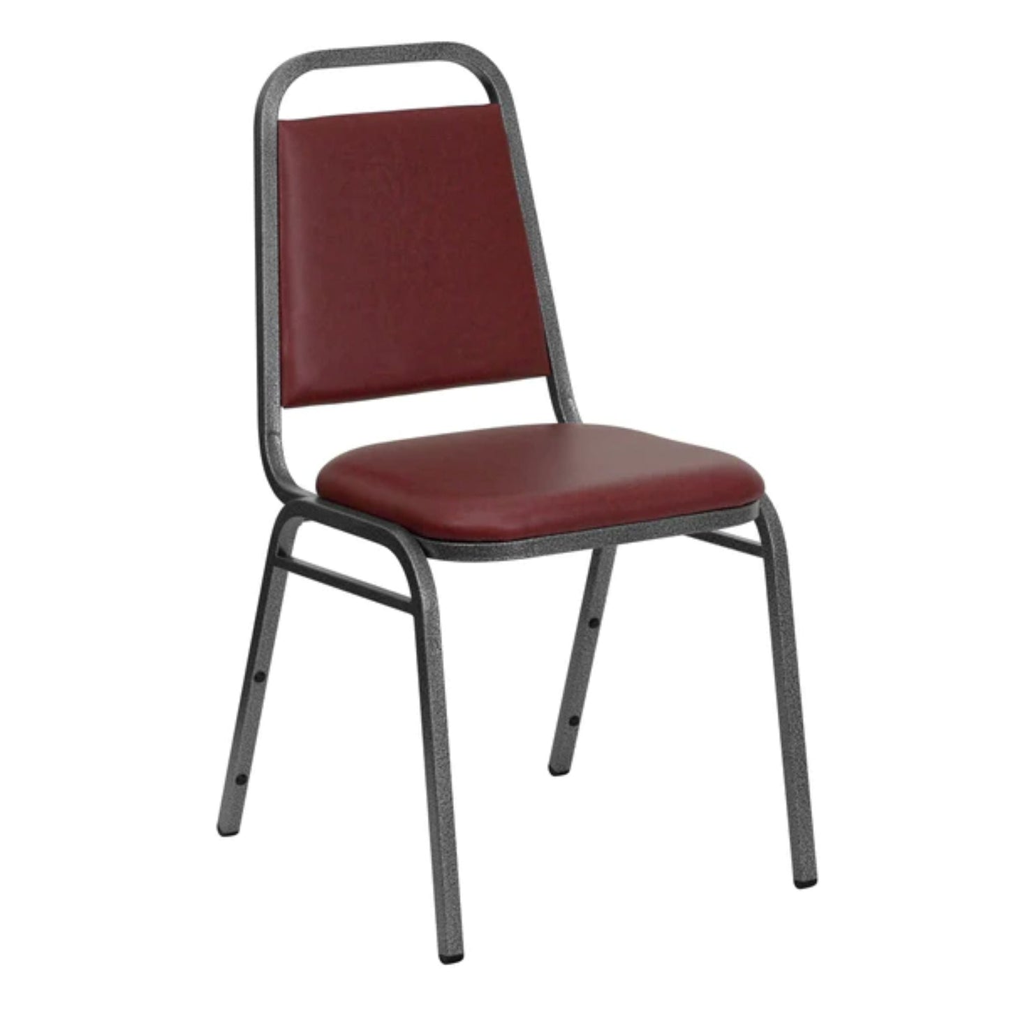Trapezoidal back banquet chair with burgundy vinyl upholstery and silver steel frame, front view