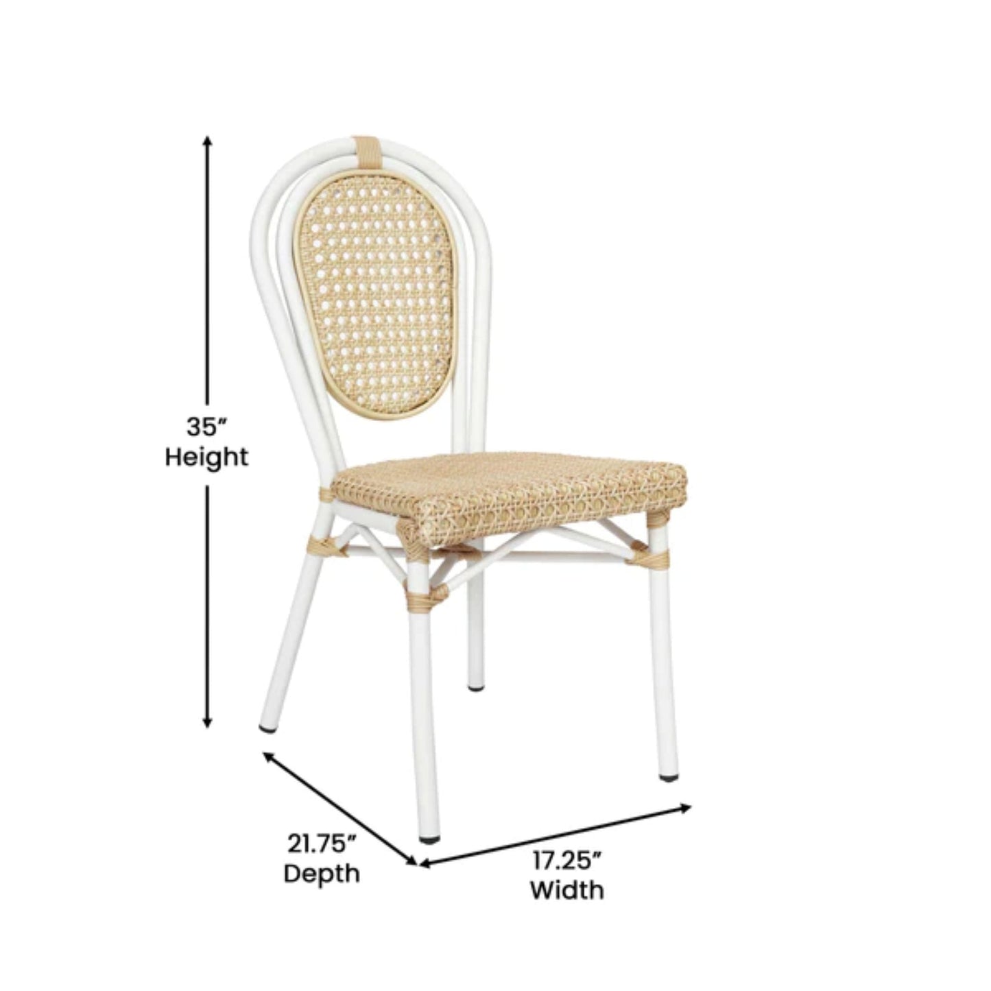 Angled view of natural rattan commercial bistro chair featuring white rust-resistant aluminum frame with dimensions