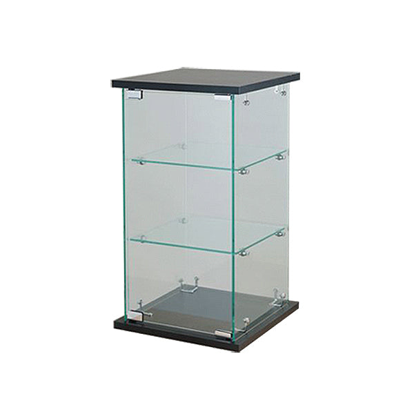 Front view of a countertop glass-on-glass display tower with two fixed glass shelves, locking glass door, and black base.