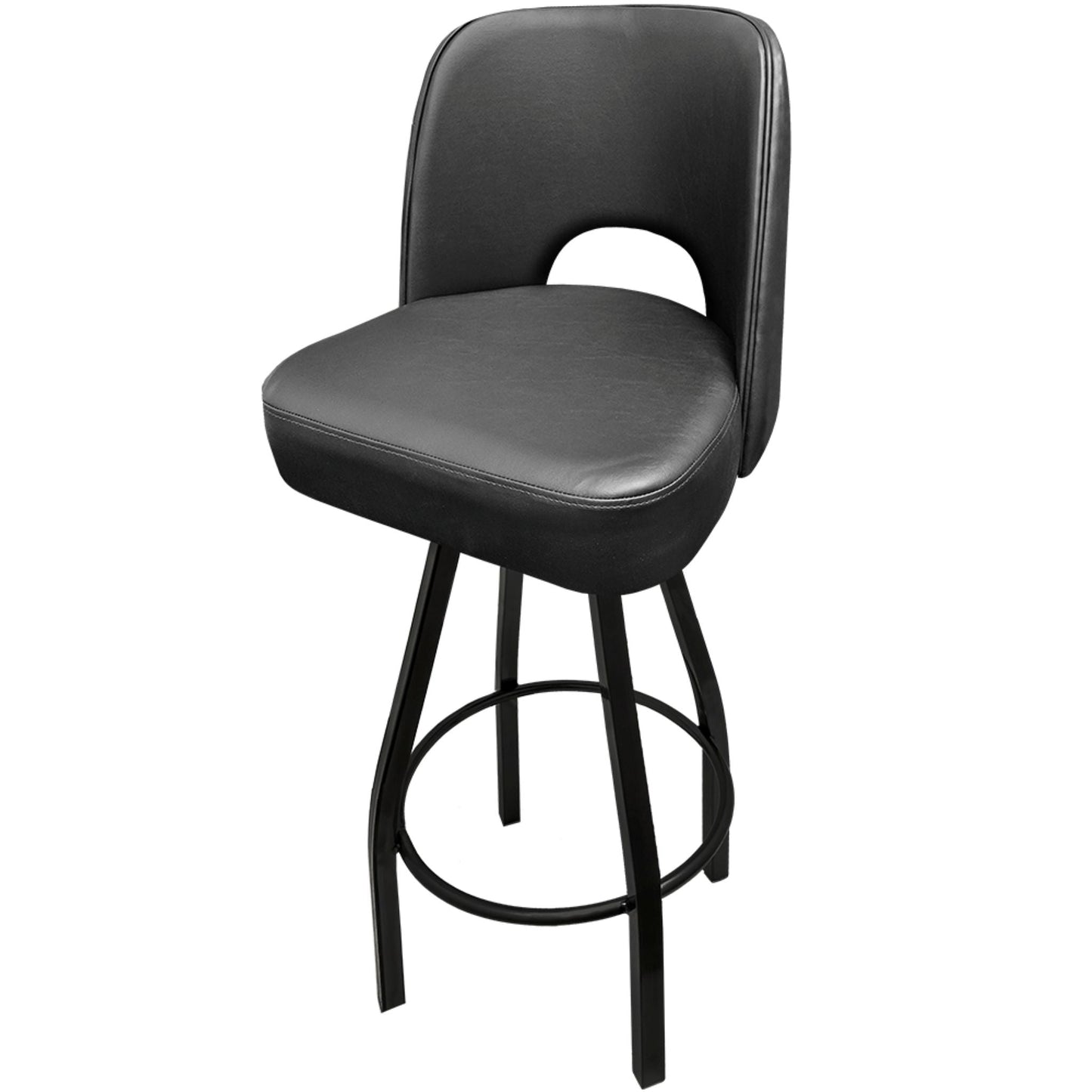 Cutout back bucket barstool with black swivel frame and black upholstered seat
