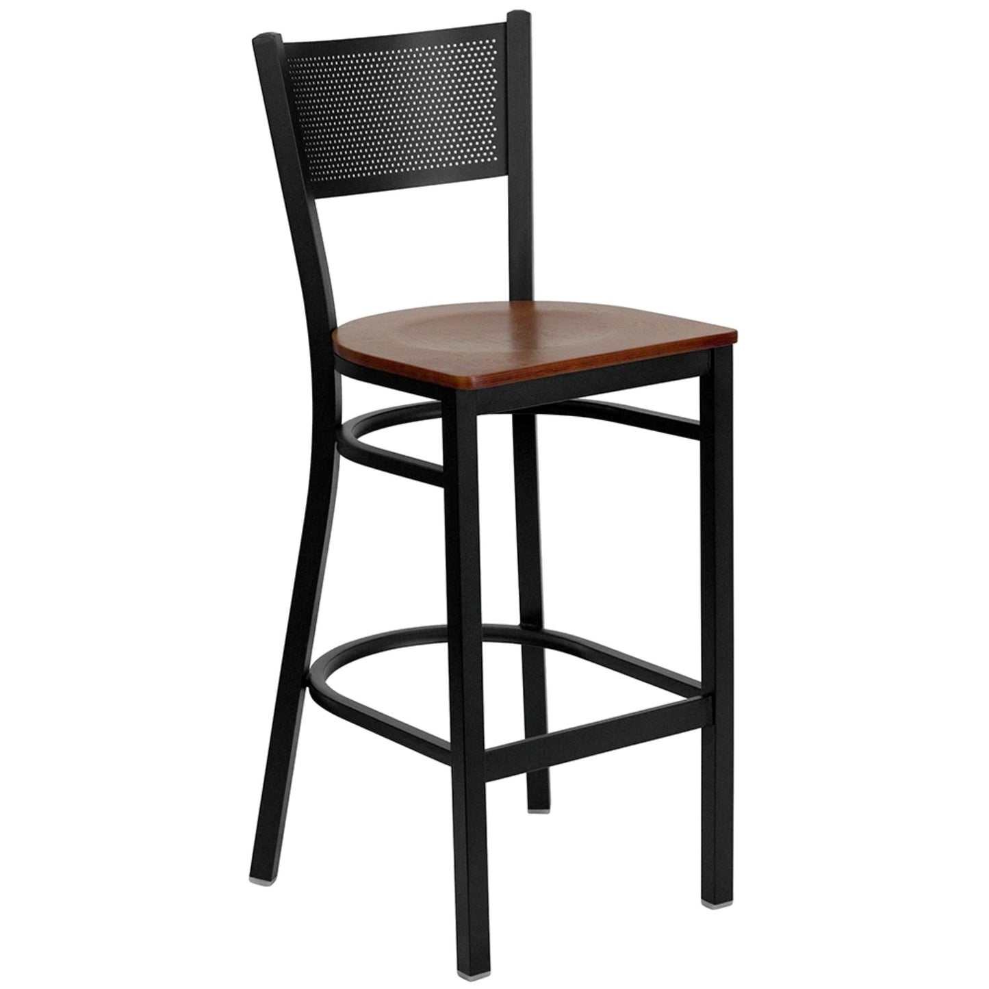 Restaurant grid back barstool with cherry wood seat and black powder-coated frame