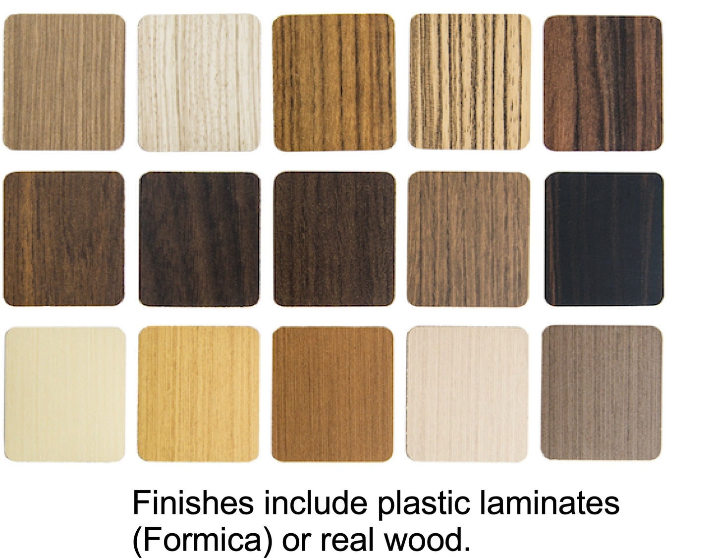 Wooden finish swatches arranged in a grid on a white background.