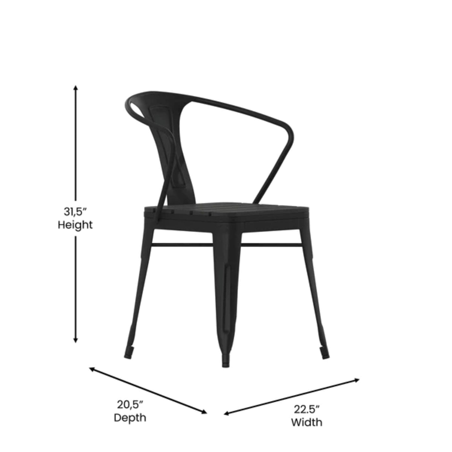 Side view with dimensions of steel-frame stacking arm chair with molded poly resin seat and built-in armrests.