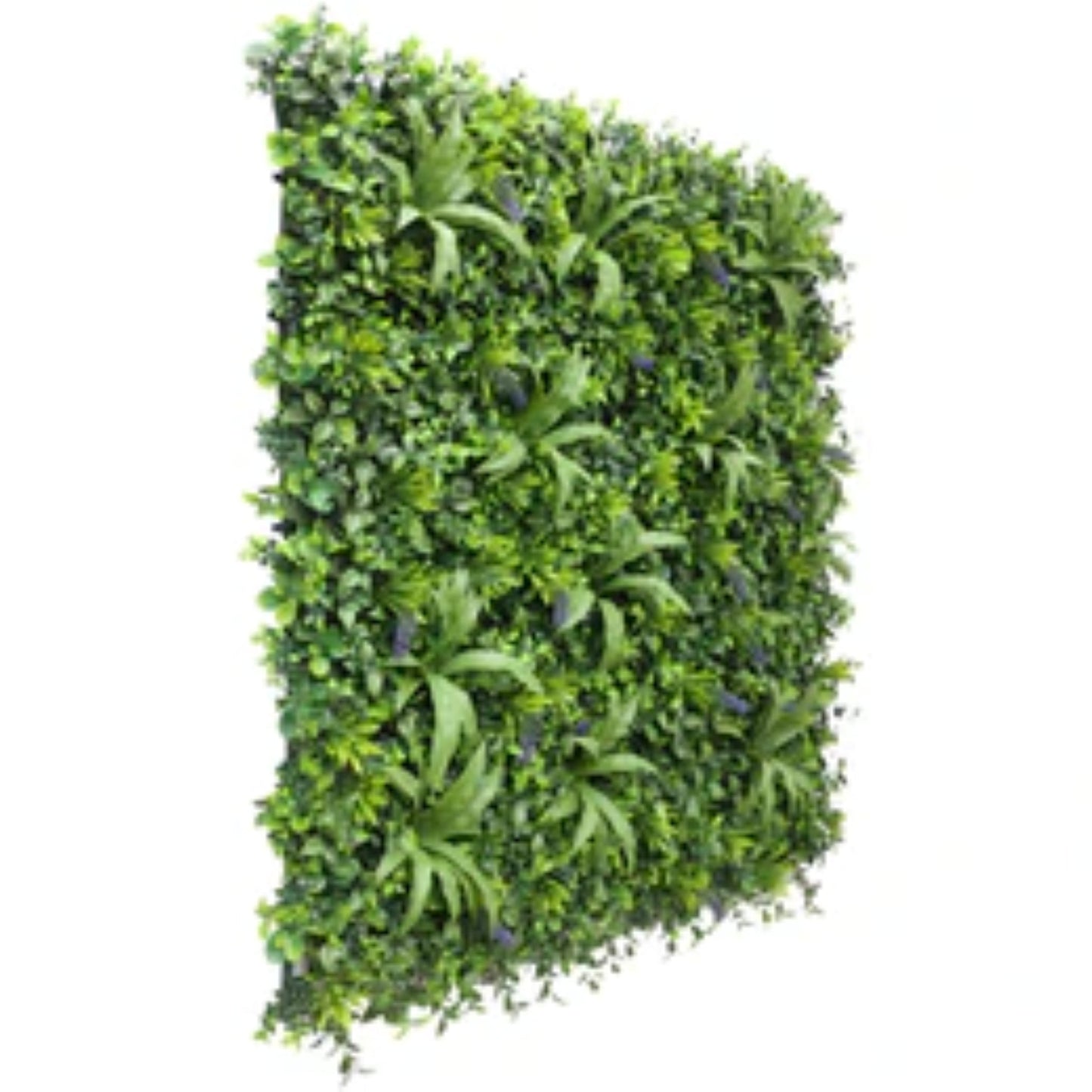 Close-up of green foliage with purple lavender accents on artificial wall panel side view
