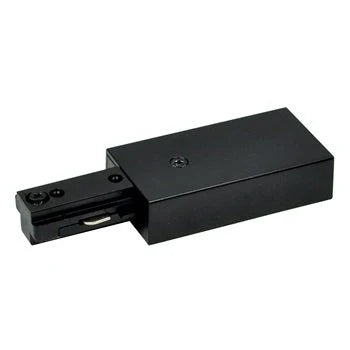 Black live end power feed for single-circuit track lighting, featuring the end-connector housing and wiring port used to supply power to Halo-compatible track systems.