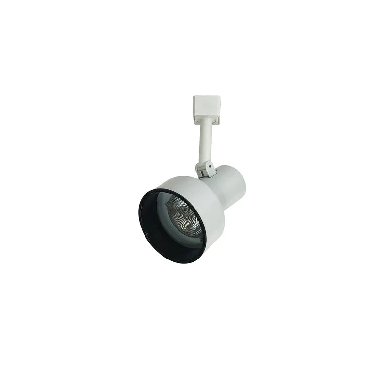 White R20/PAR20 step cylinder track light with black baffle and adjustable structural arm.