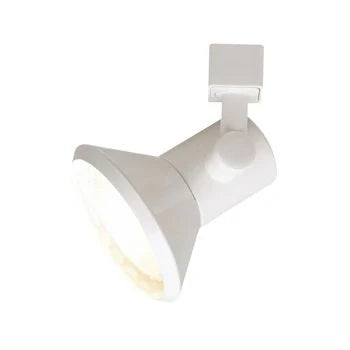 White BR30/PAR30 conical track light with streamlined tapered housing and adjustable aiming.