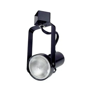 Black PAR20 front-loading gimbal ring track light featuring front lamp access and adjustable gimbal.