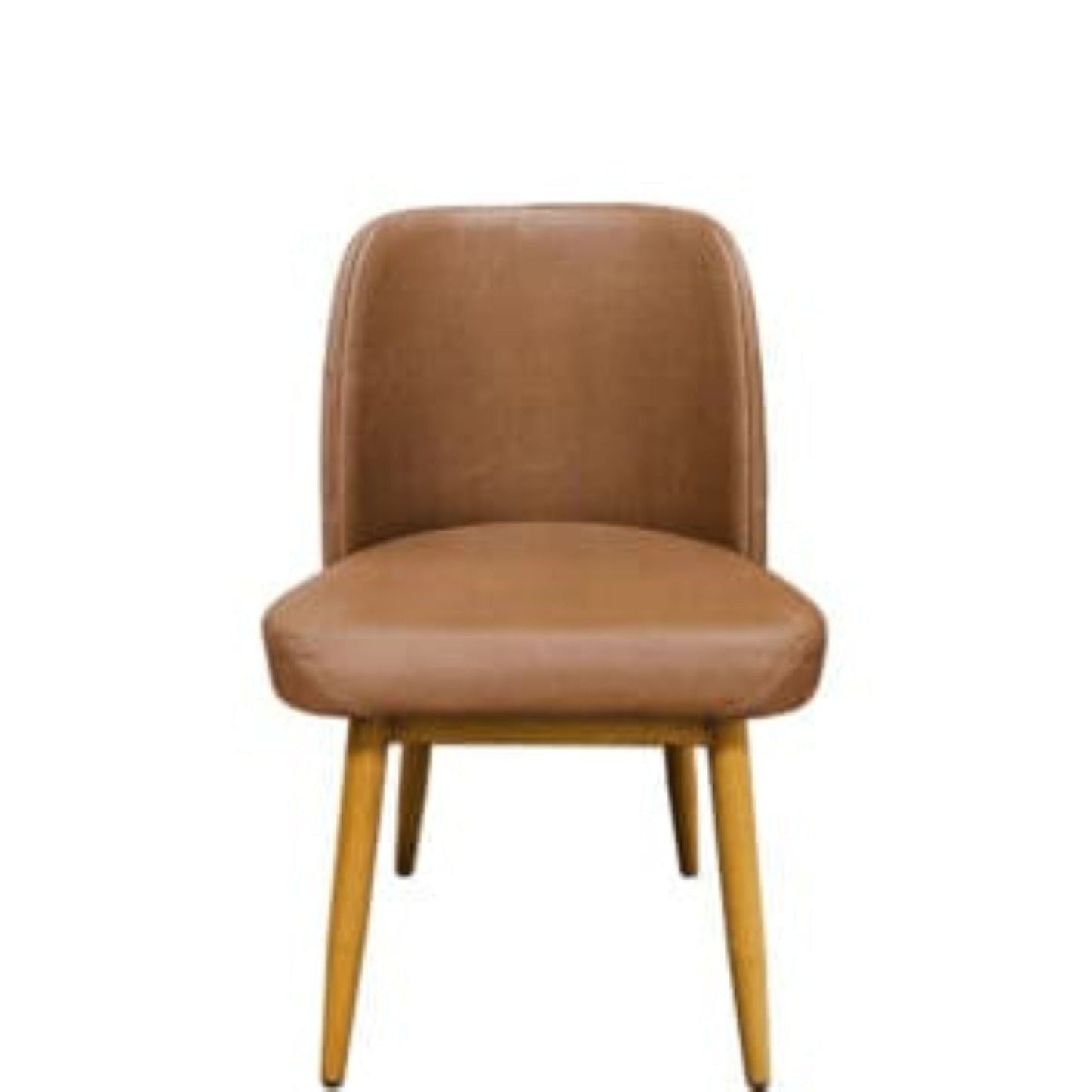 Front view Amata chair with tufted buckskin vinyl bucket seat and faux natural woodgrain metal frame.