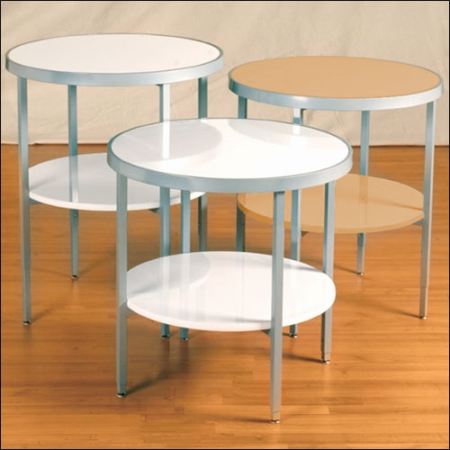 Silver Framed Round Display Table w Shelf - Adjustable Legs - 1