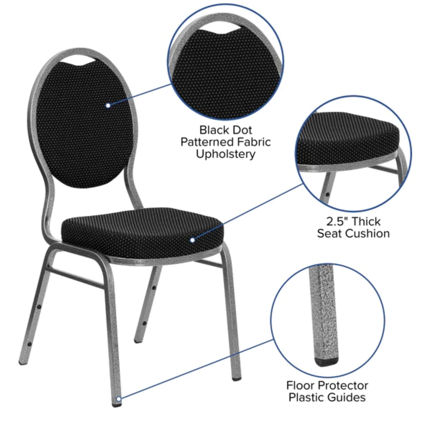 Angled stacked view of banquet chairs with black patterned upholstery and copper frames with product features