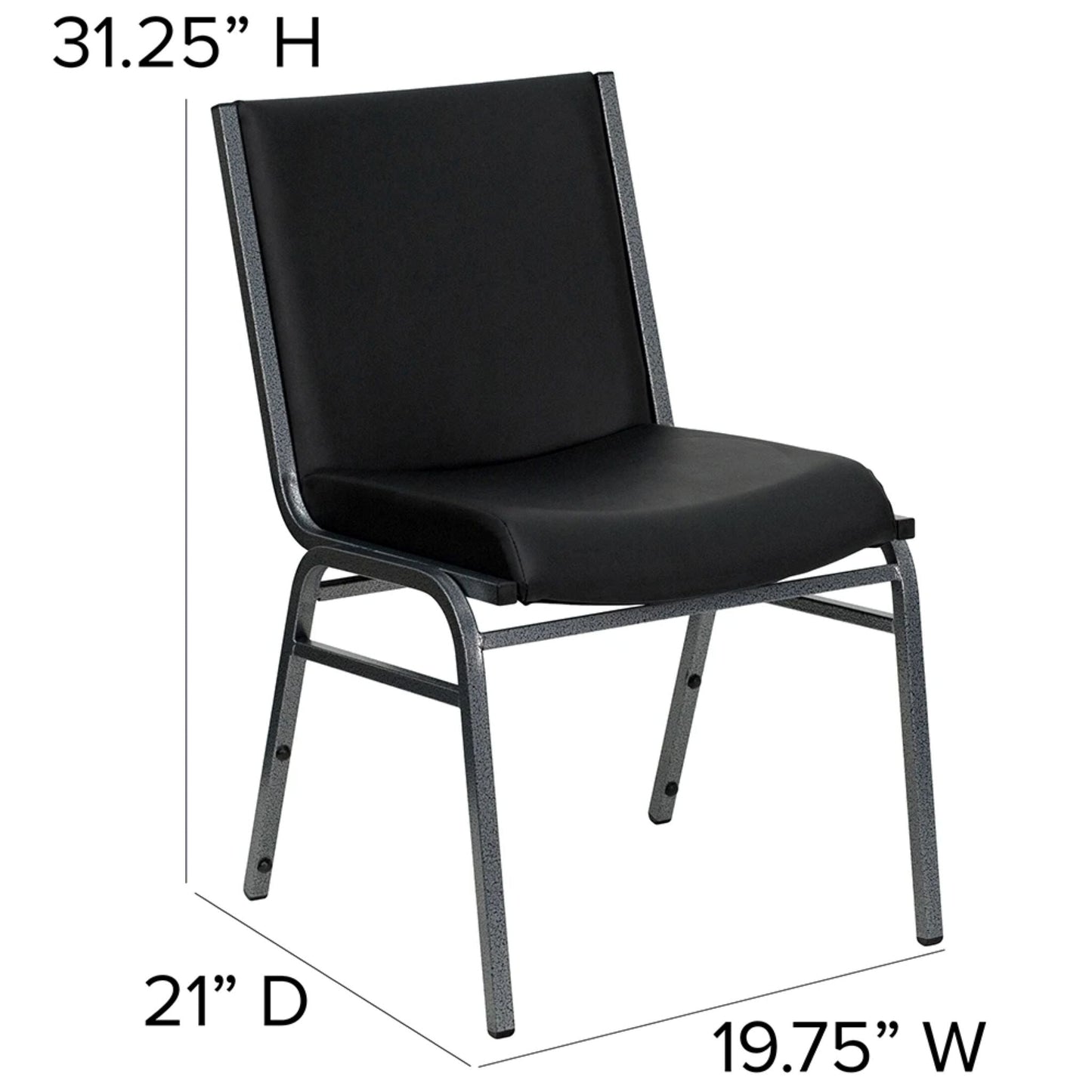 Black-frame stacking chair with contoured black vinyl seat and back and silver vein steel base, side view with dimensions