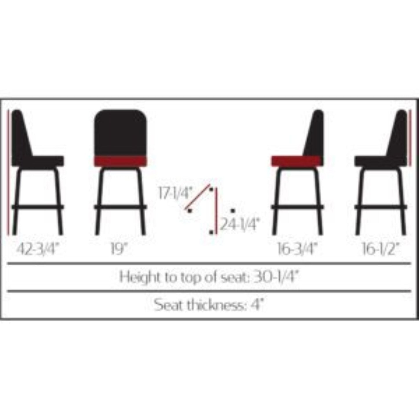 Standard bucket barstool with gloss black square swivel frame and espresso upholstered seat dimensions