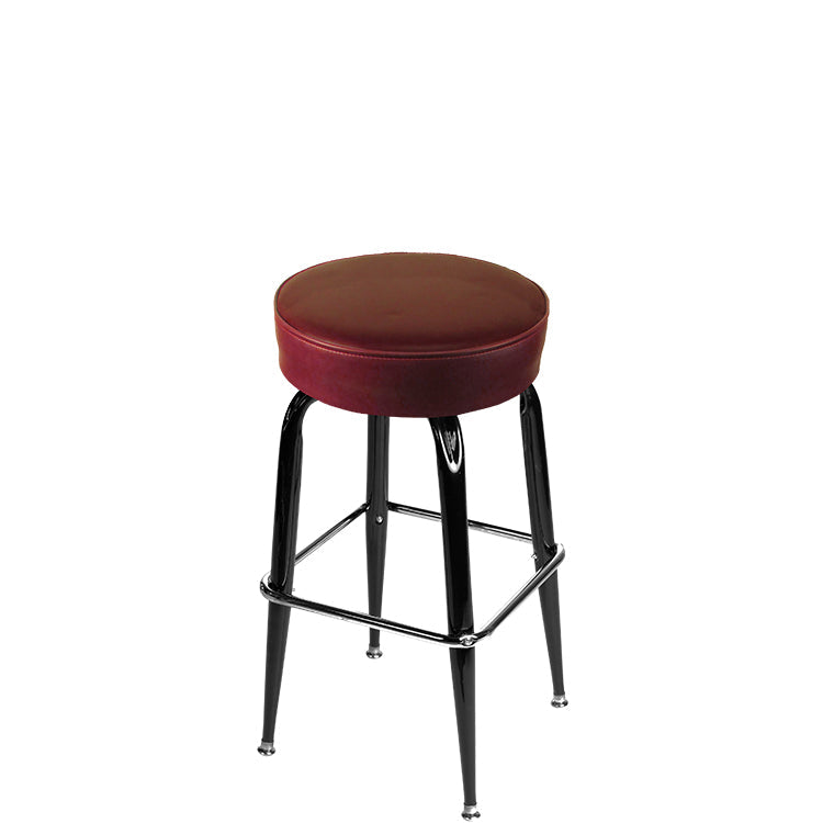 Standard button top barstool with gloss black swivel frame and wine vinyl seat