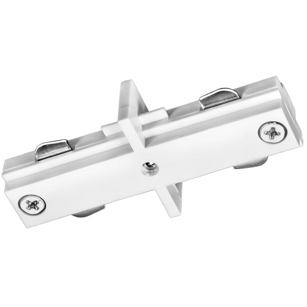 White straight connector for single- and double-circuit track lighting featuring the low-profile inline design for connecting two Halo-compatible track sections.