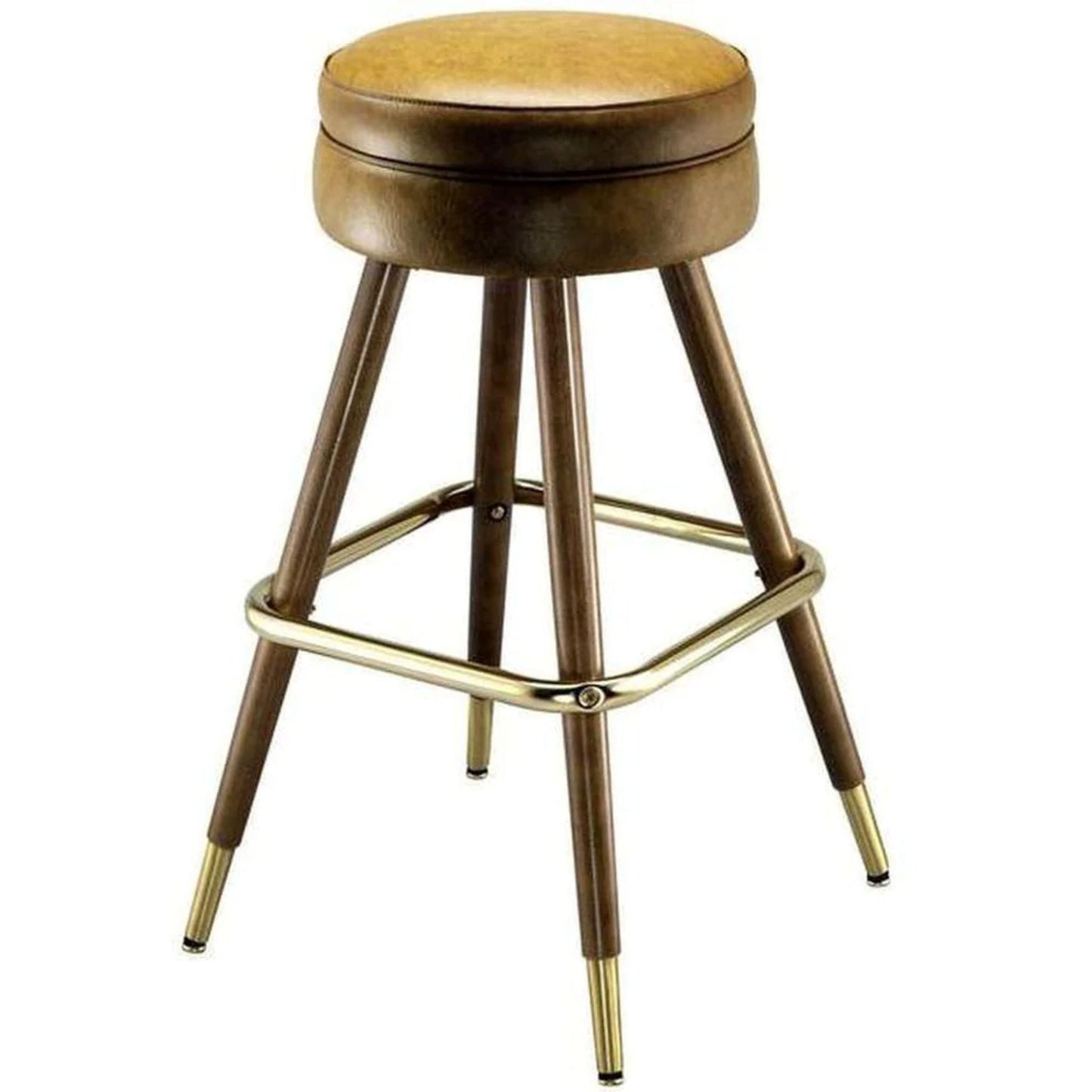 Backless swivel bar stool with round upholstered seat and straight maple wood legs finished in dark walnut.