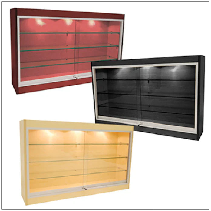 Front view of an economy wall-mounted display case with sliding glass doors, LED lighting, and adjustable tempered glass shelves.