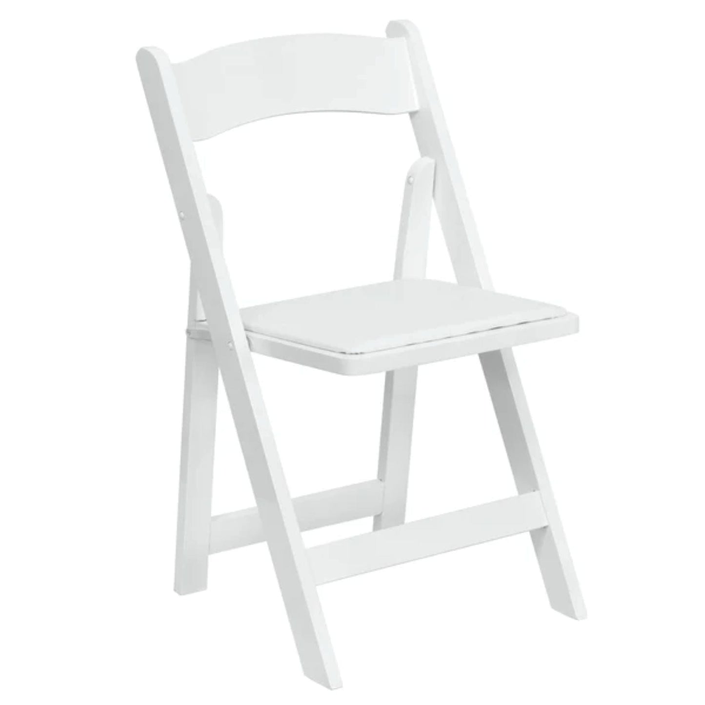 Front view of white wood folding chair with vinyl padded seat for events