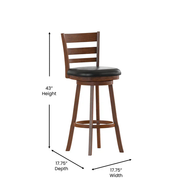 Commercial-grade wooden ladderback barstool with 360-degree swivel and black cushioned seat with dimensions