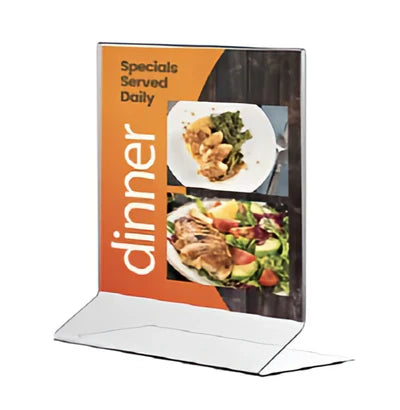 Acrylic menu and card holder with clear triangular base displayed on a restaurant tabletop