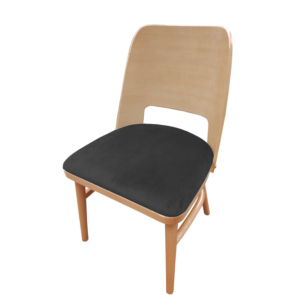Aurora chair with solid European beech wood frame in natural clear coat finish and black vinyl seat. Designed for commercial dining or café interiors. Ships fully assembled and built for durability.