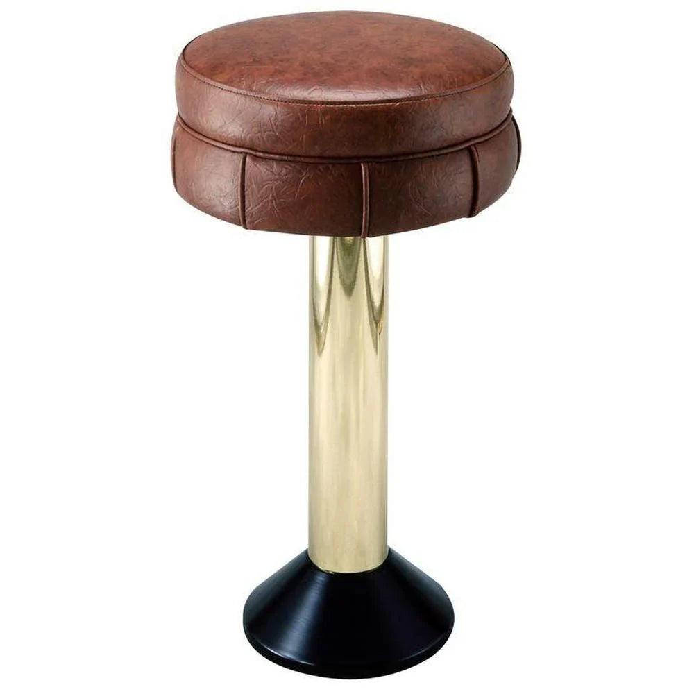 Front view of floor-mounted bar stool with brass column and mushroom-style swivel seat, designed for cafés and restaurants.