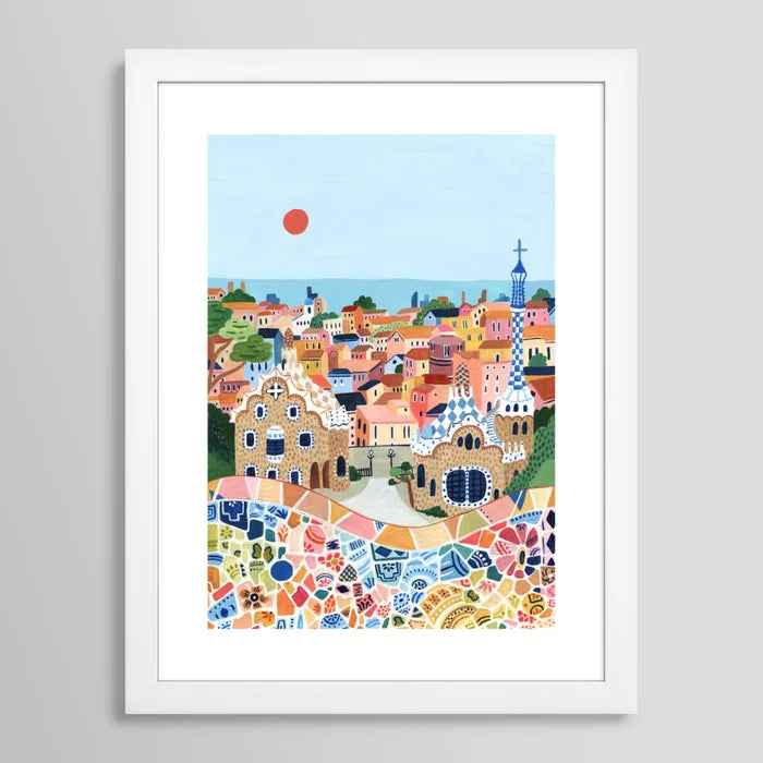 Barcelona art print in white frame, clean contemporary wall art ideal for cafés, hotel rooms, and lounges