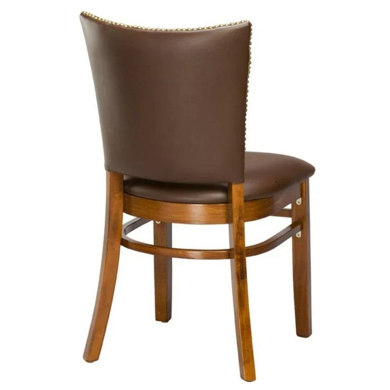 Rear view of the Beech Wood Dining Chair showing solid beech frame and brass nail head trim detail on the backrest. Custom wood stains and upholstery options available. Made in the USA.