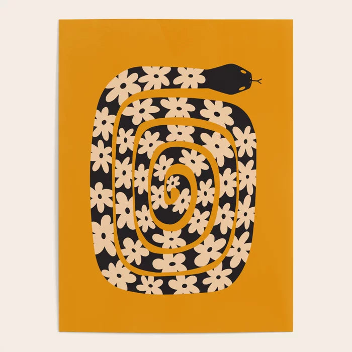 Black and Cream Snake Flower – Orange Poster by Gabi Thomeu featuring bold floral artwork in orange, black, and cream tones, printed on smooth gloss paper—ideal for modern hotel rooms, restaurant walls, and café interiors.
