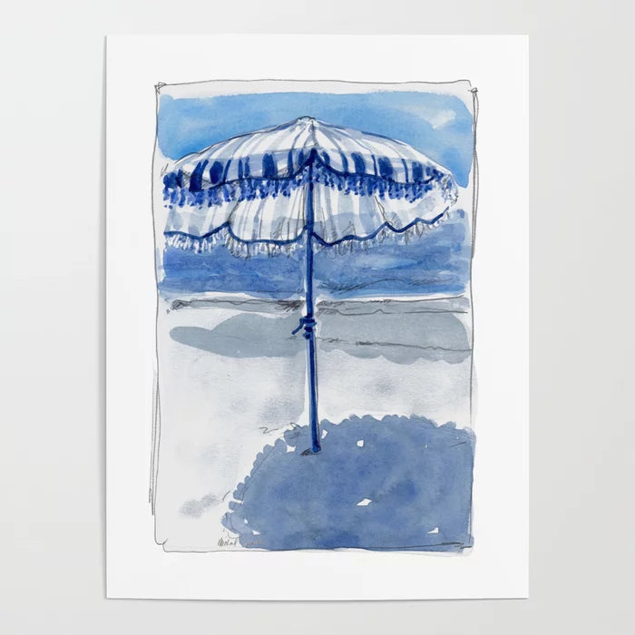 Unframed Blue Beach Umbrella Shade Poster by Michal Sparks featuring a tranquil seaside umbrella scene, perfect for adding coastal charm to hotels, restaurants, cafés, and beach bars.