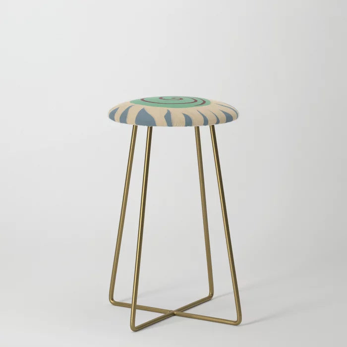 Blue Sun Counter Stool by Sandra Poliakov with gold steel legs – vibrant artistic stool ideal for café counters, hotel breakfast areas, and restaurant dining spaces