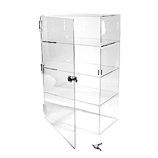 Front view of the locking acrylic countertop display case showing the clear panels and secure front door used for displaying small retail items.
