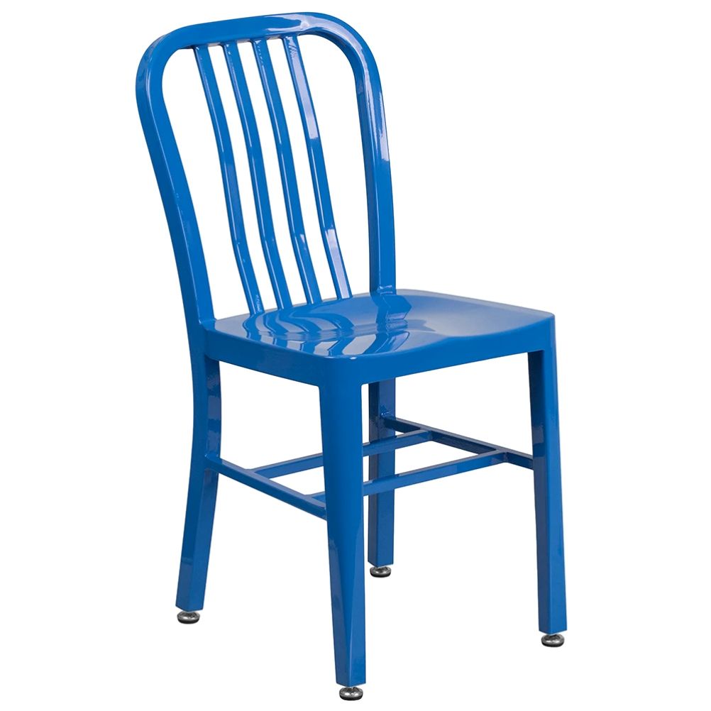 Commercial metal restaurant chair in blue powder-coated galvanized steel featuring a vertical slat back for indoor or outdoor seating.