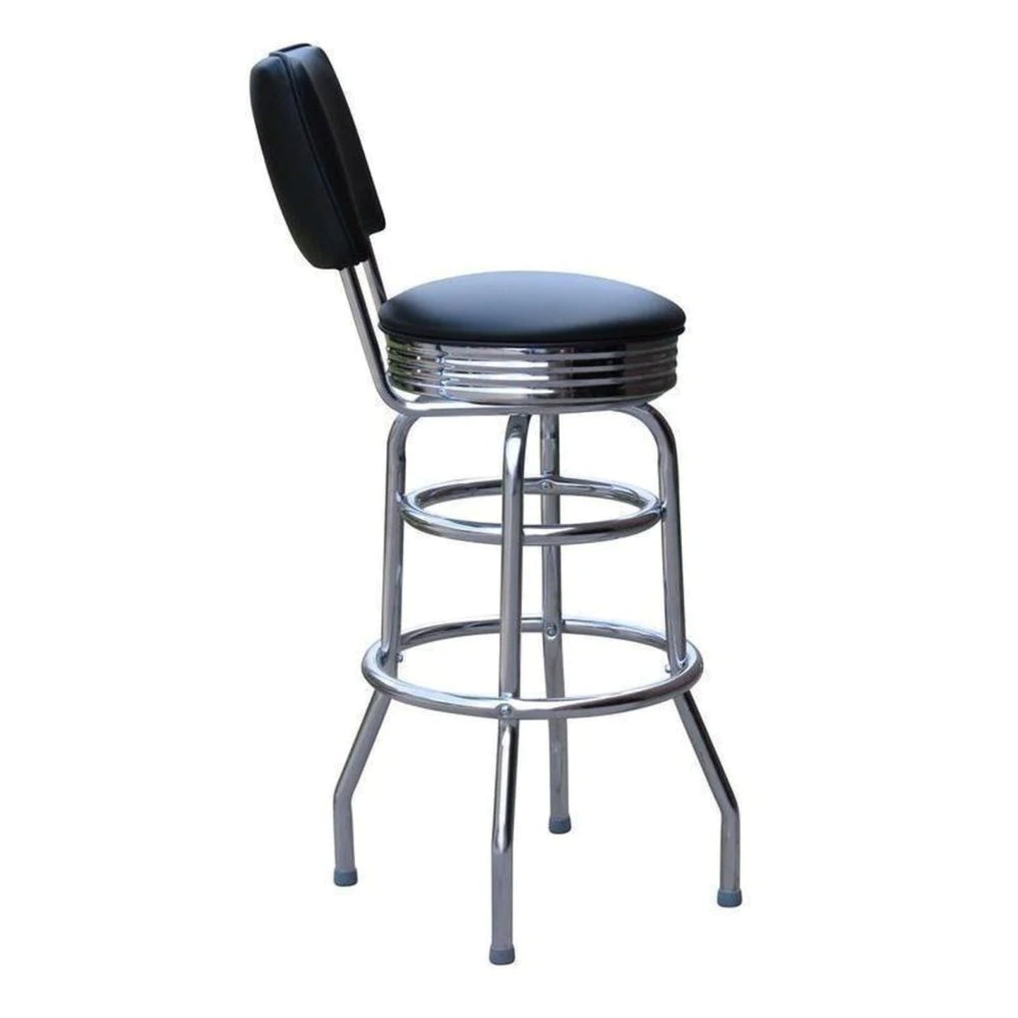 Vintage-style bar stool with padded round seat, backrest, and double-ring frame