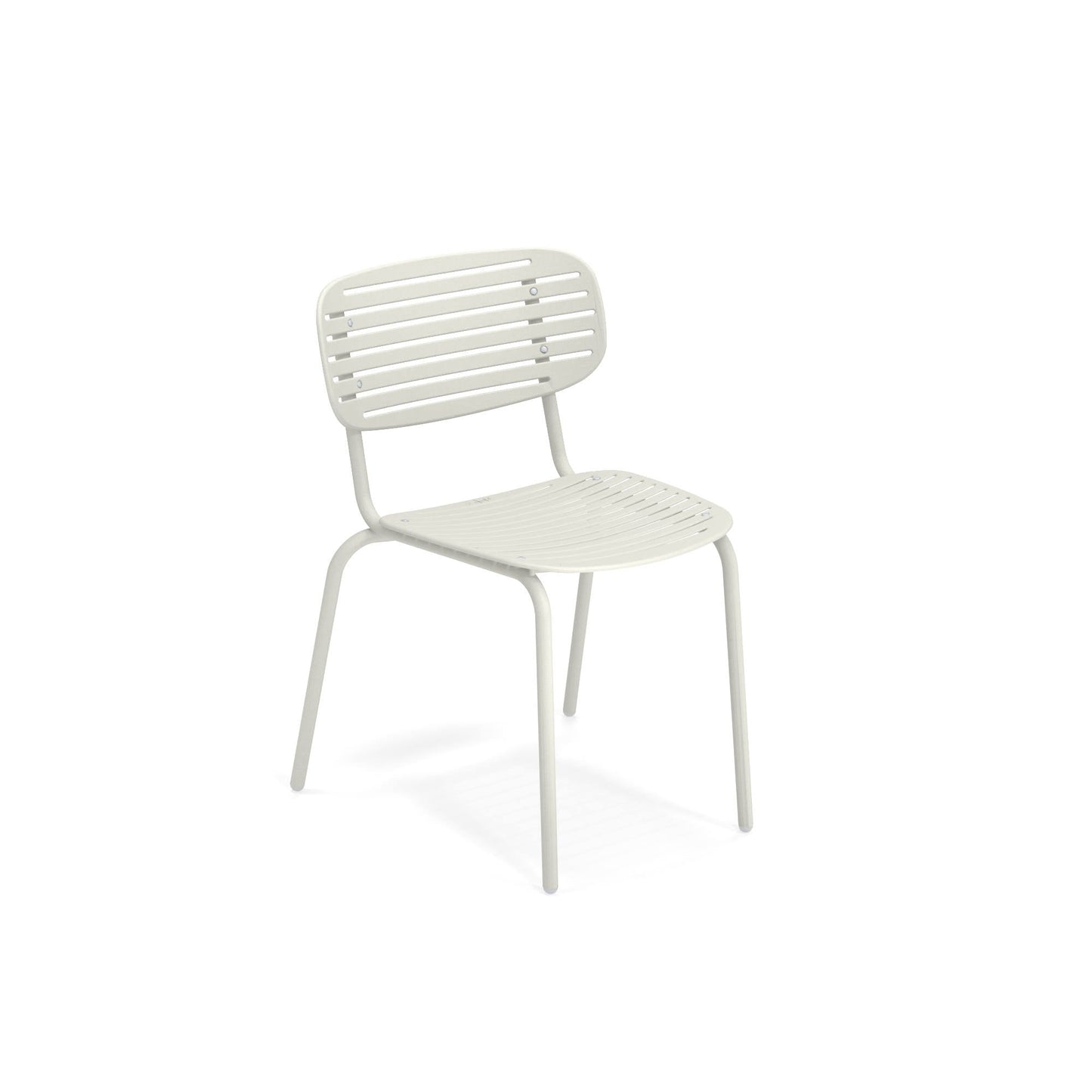 Emu Mom #639 white steel stackable chair for indoor or outdoor dining spaces, lightweight and easy to clean.