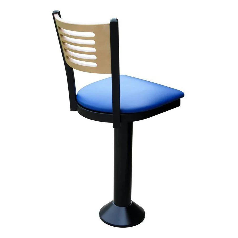 Side view of floor-mounted counter stool with upholstered seat, 5-slot wood backrest, and swivel base, ideal for commercial use.