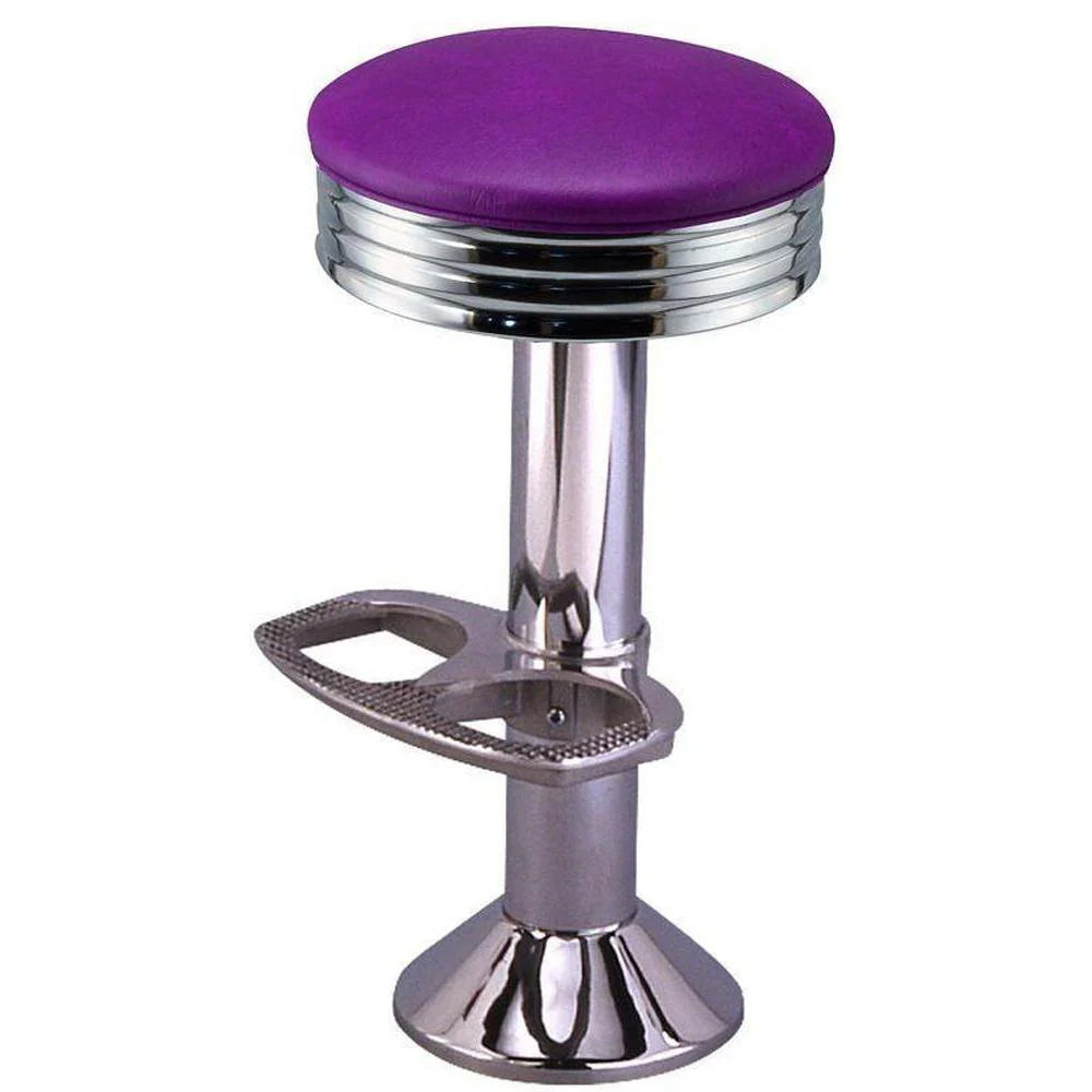 Front view of chrome soda fountain stool with swivel seat and retro design, built for commercial dining and hospitality use.