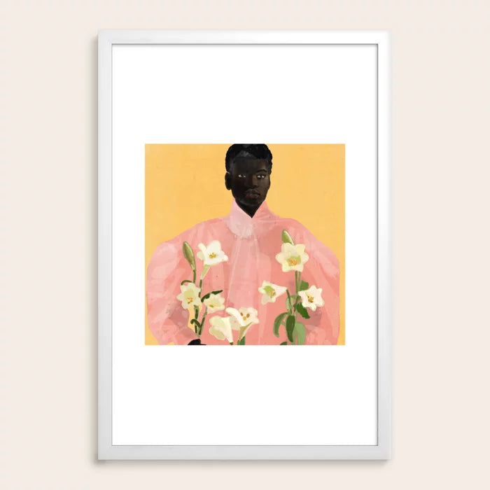 Girl Holding Flowers 2 Art Print by ThingDesign in white frame, modern floral portrait on matte paper for bright, elegant wall décor.