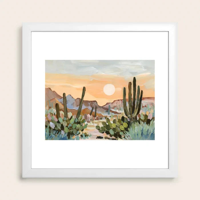 Glowing Desert Moon Tucson Art Print in white frame, showcasing soft desert tones and a luminous moon design, ideal wall décor for boutique hotels, coffee shops, and restaurants.