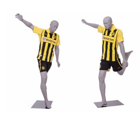 Soccerball Male Mannequin in a kicking pose with a matte light gray finish. - 1
